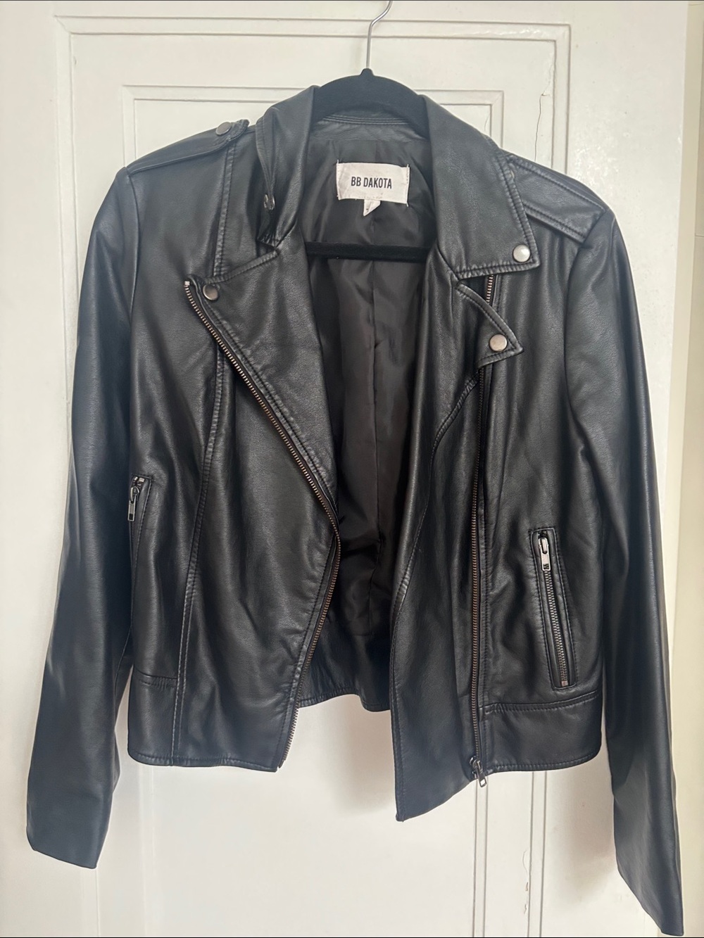 BB Dakota Black Faux Leather Moto Jacket with Zip Details